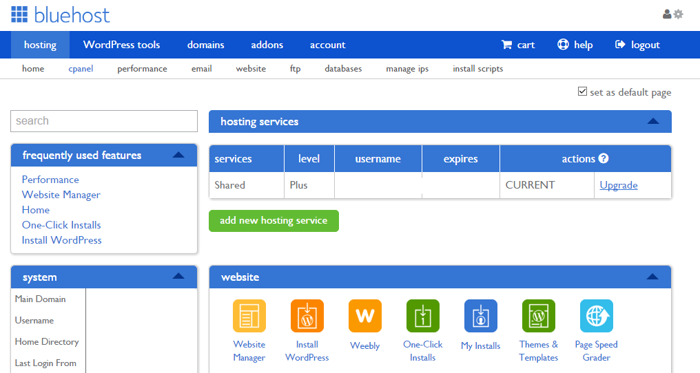 bluehost 後台